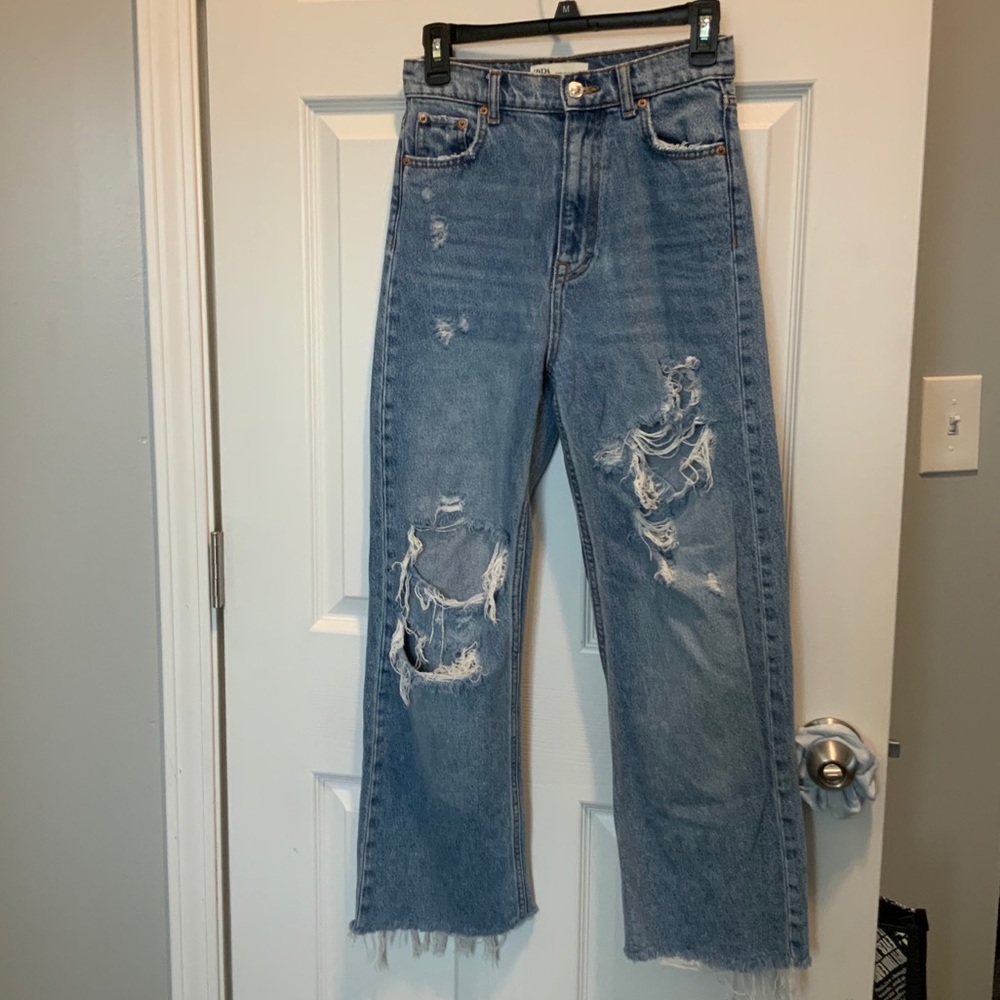 Zara high waisted straight distressed jeans